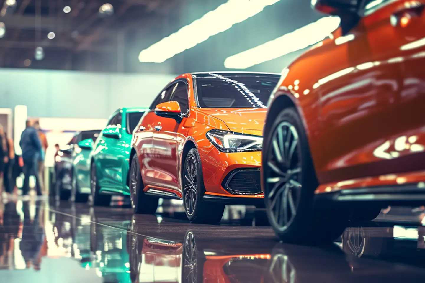 Een rij kleurrijke auto's in een showroom