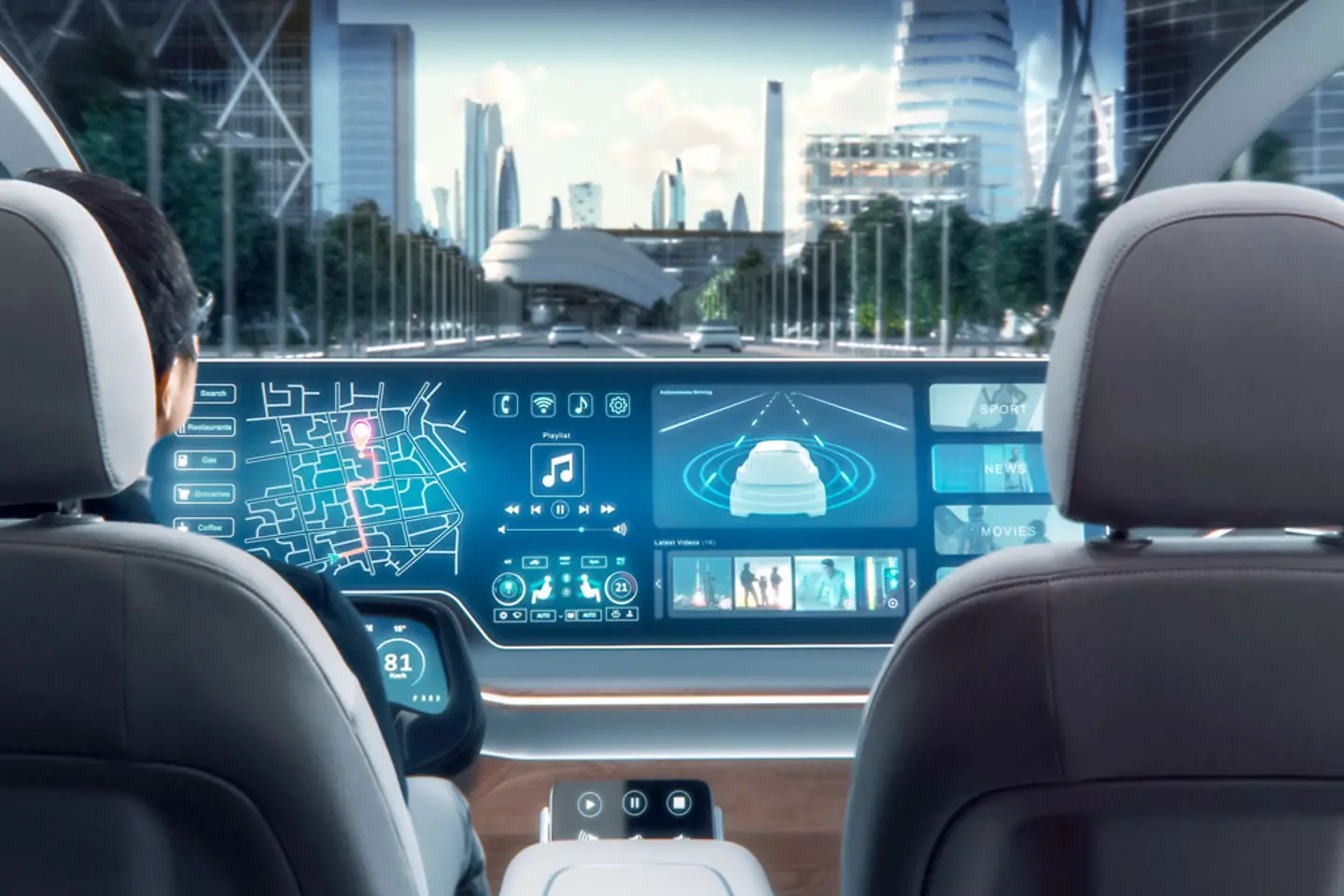 Man gebruikt een navigatie-app op een augmented reality-dashboard in een auto