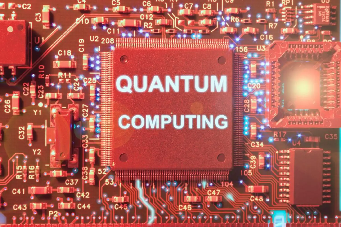 Circuit board showing the concept of quantum computation illuminated in reddish tonalization