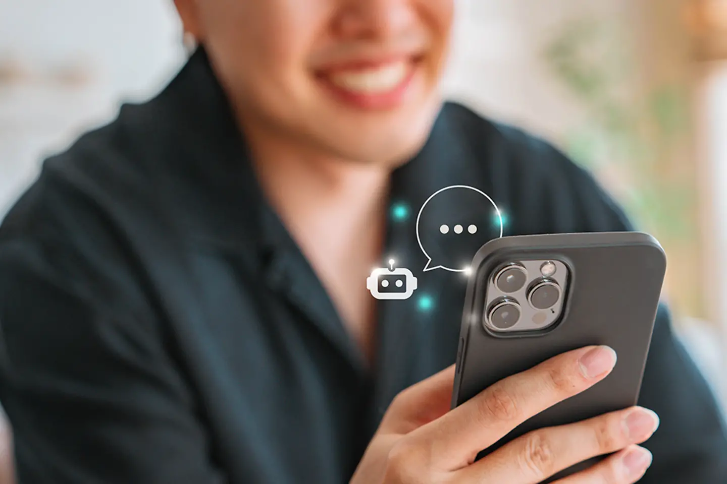 Digital AI chatbot, Happy man using mobile smartphone with AI chatbot for online information