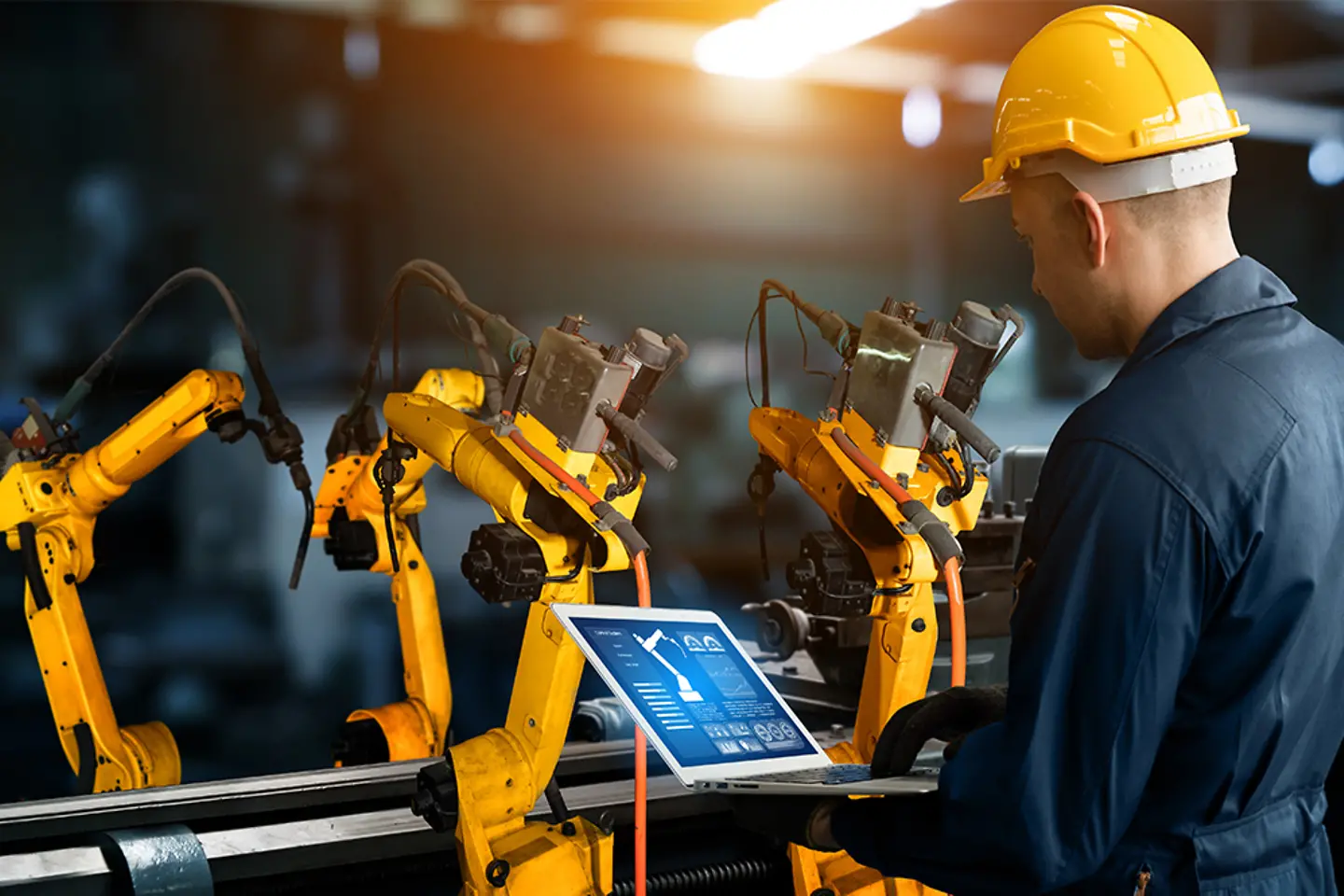 Smart industry robot arms for digital factory production technology showing automation manufacturing process of the Industry 4.0