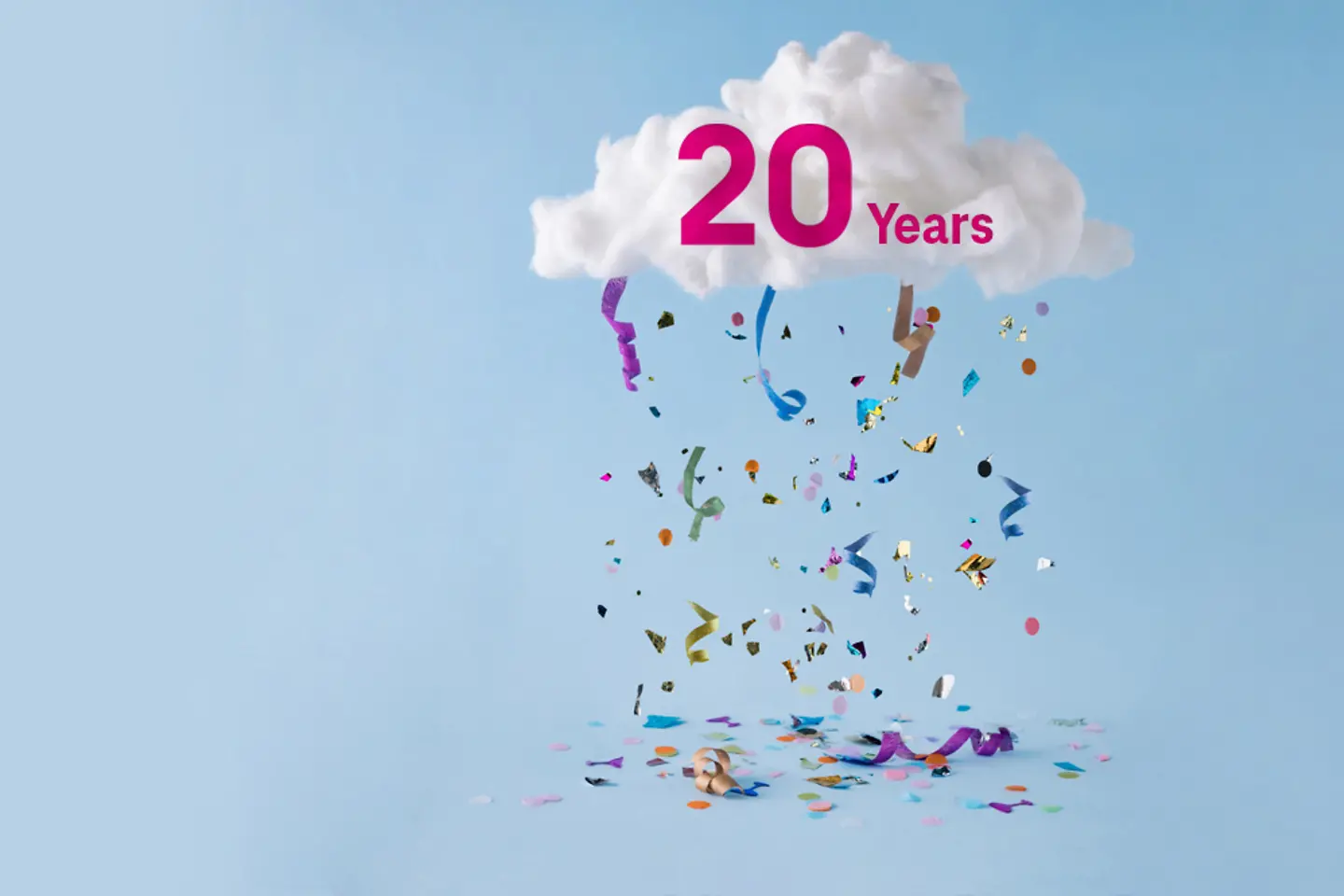 Nuvem com chuva de confete e letras do 20º aniversário