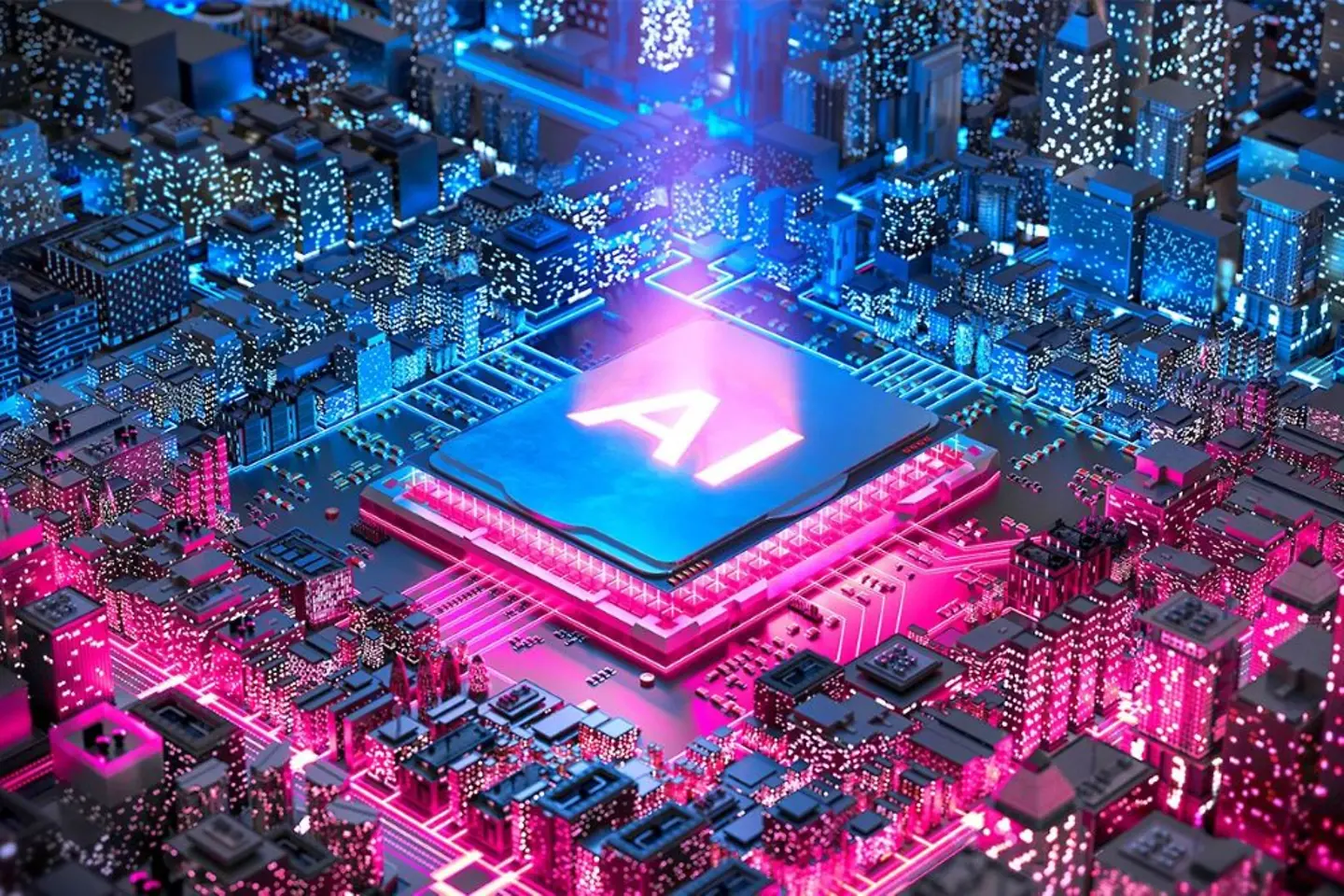 Une puce informatique bleu-magenta qui ressemble à une mini-ville avec l’inscription « AI ».