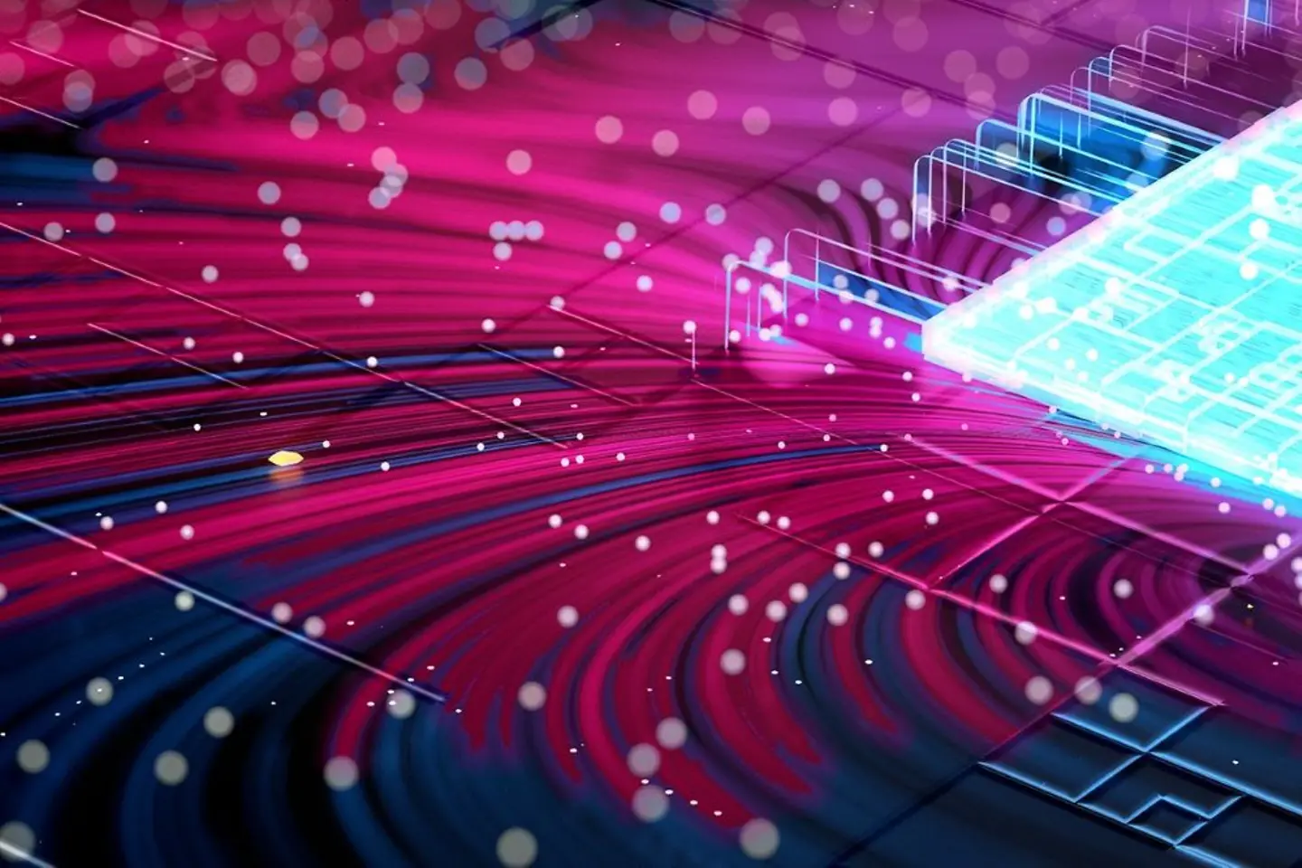 Puce d’ordinateur bleue scintillante sur plaque magenta