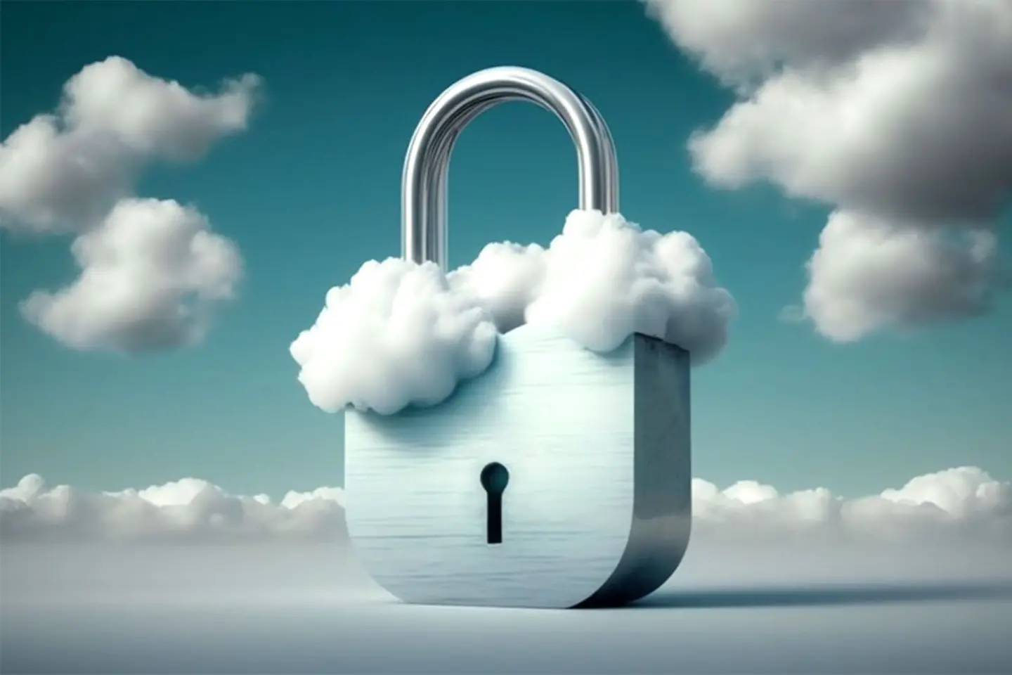 A padlock depicted against a blue sky surrounded by clouds - AI generated