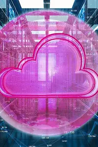 Magenta cloud on blue digital background.