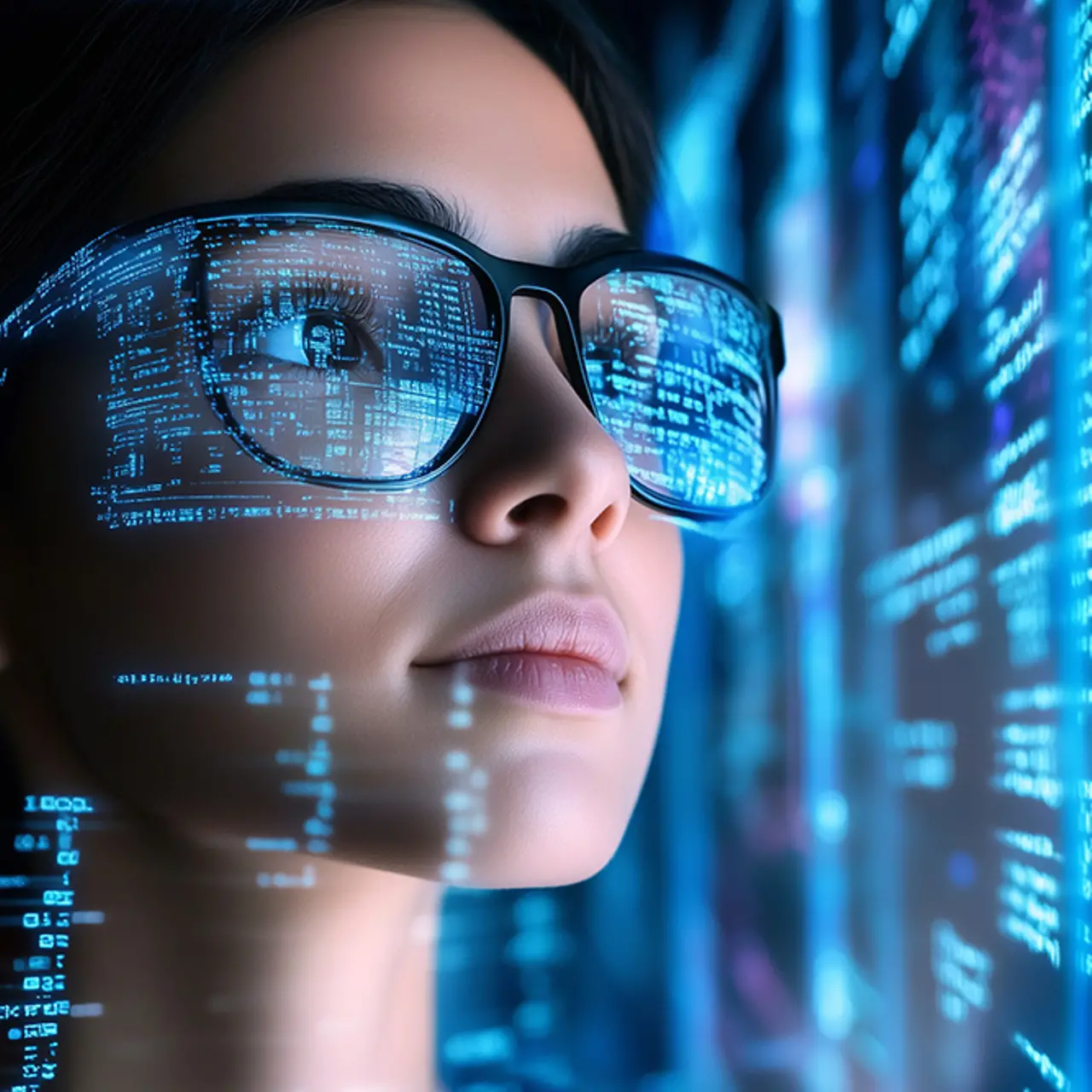Female IT-expert reading code on a display, AI-generated image