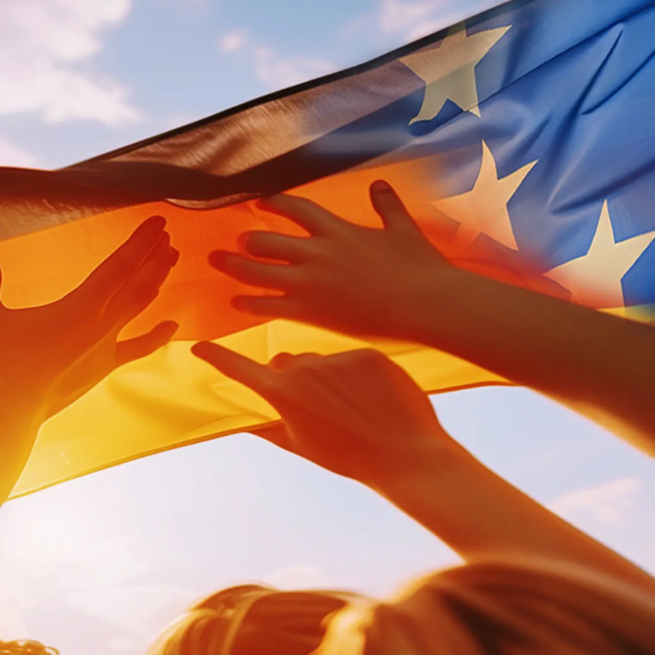 Group with German and European flags in hands symbolizes cohesion