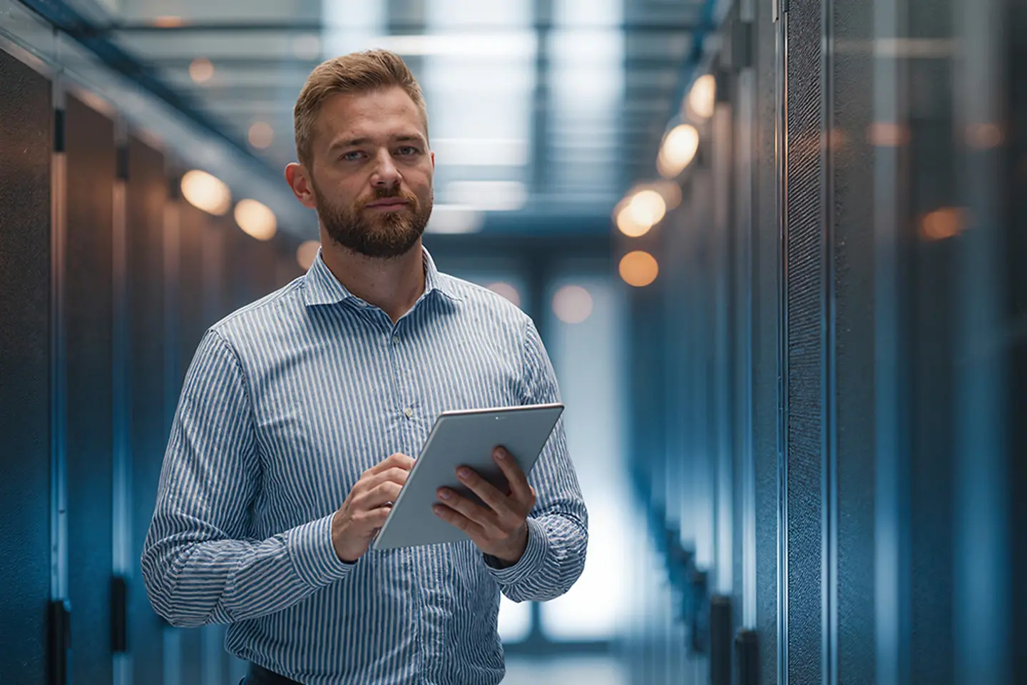 Server room technician checking data on a tablet.