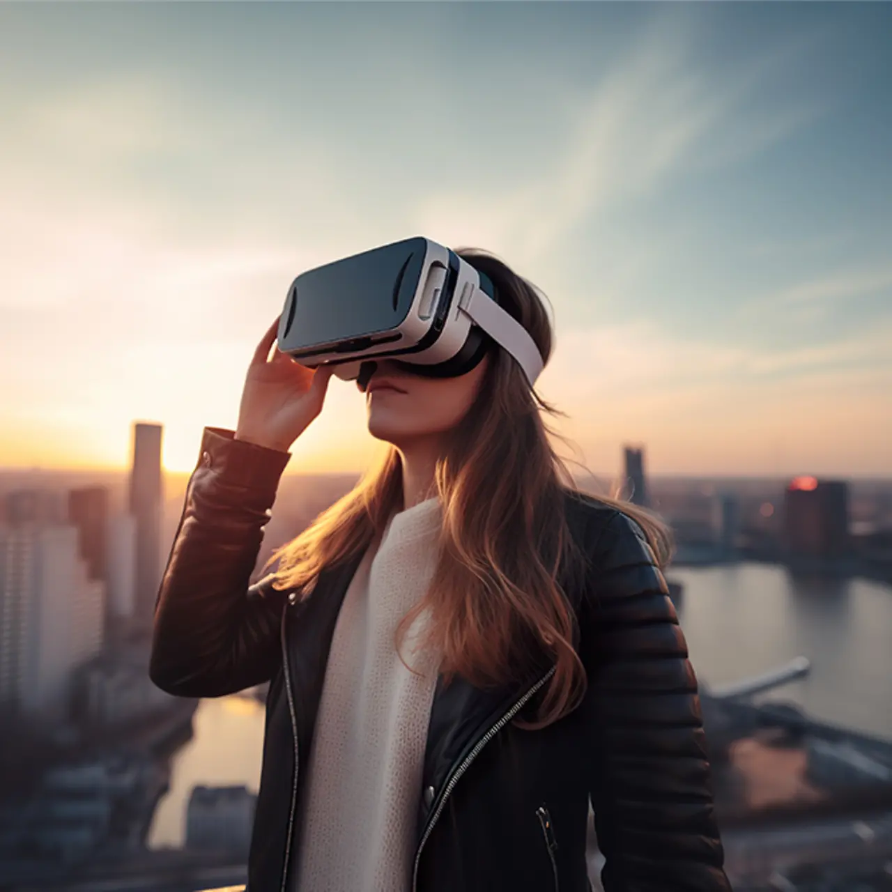 Woman is wearing augmented reality glasses.