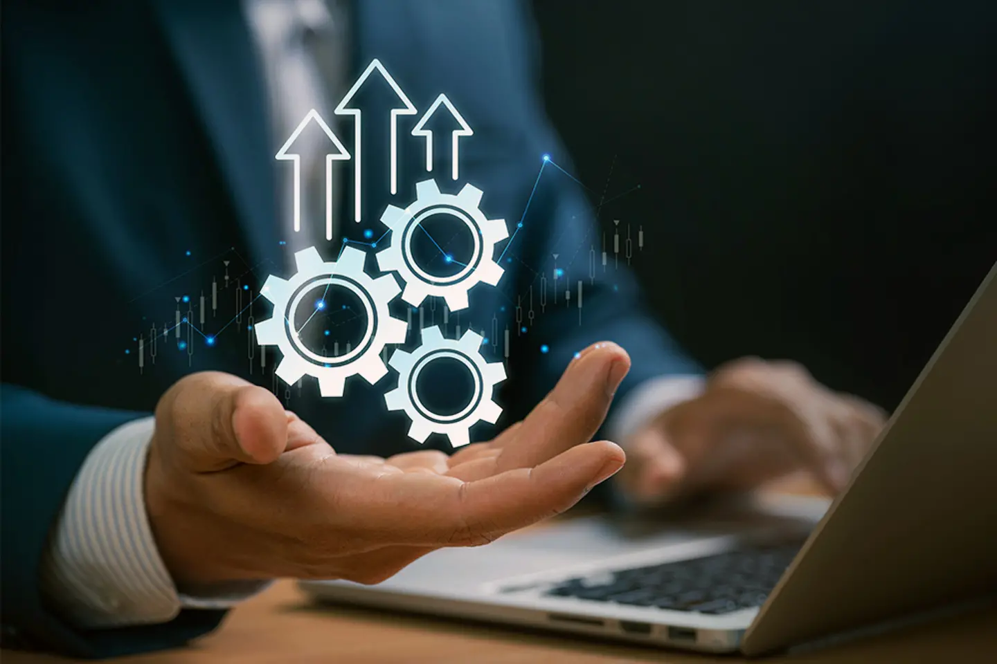 Businessman hand showing digital gears and arrows