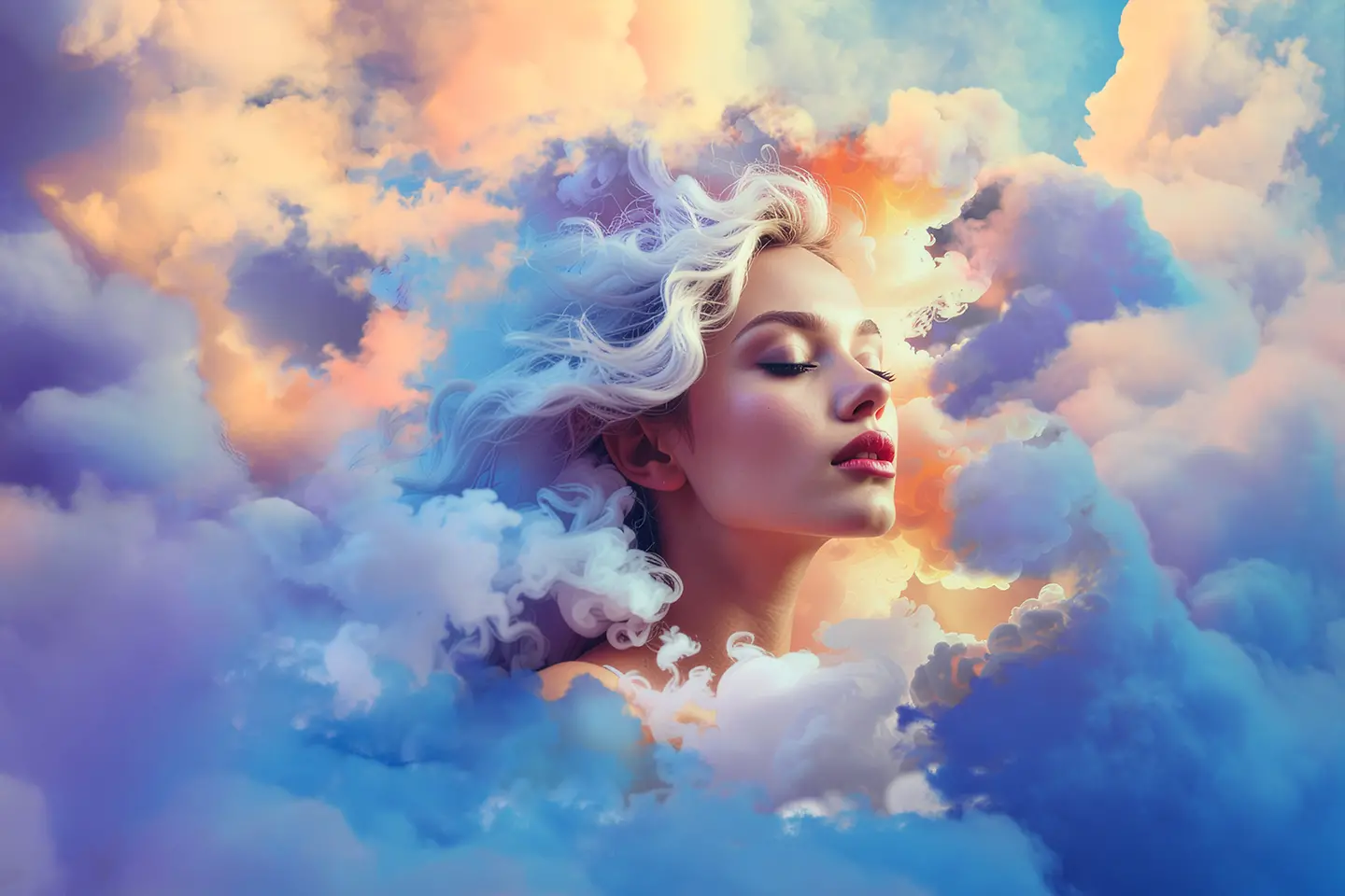 Door AI gegenereerde afbeelding - Het gezicht van een mooie vrouw tussen kleurrijke wolken, beeld AI-gegenereerd