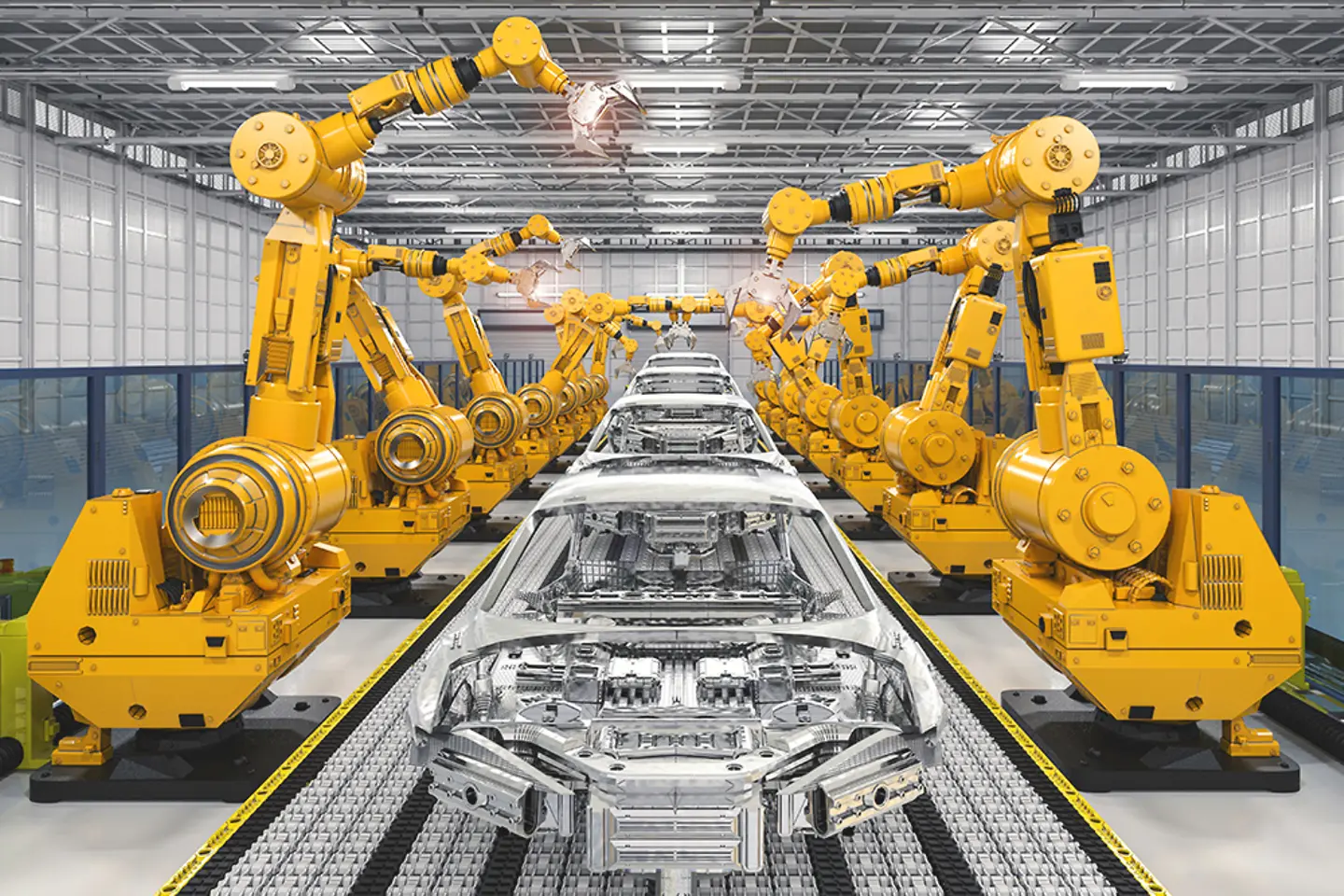 Robotische Montagelinie in einer Automobilfabrik.