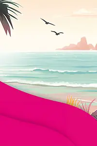 Barcelona Beach Bar Sujet mit Strand und Meer sowie Berge im Hintegrund