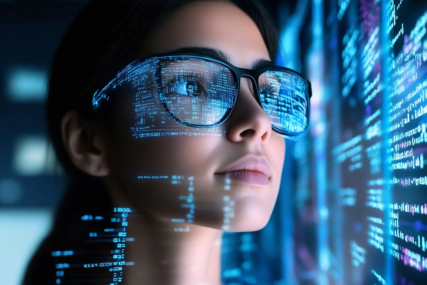 IT-Expertin liest Code an einem Bildschirm ab, Bild durch AI-generiert