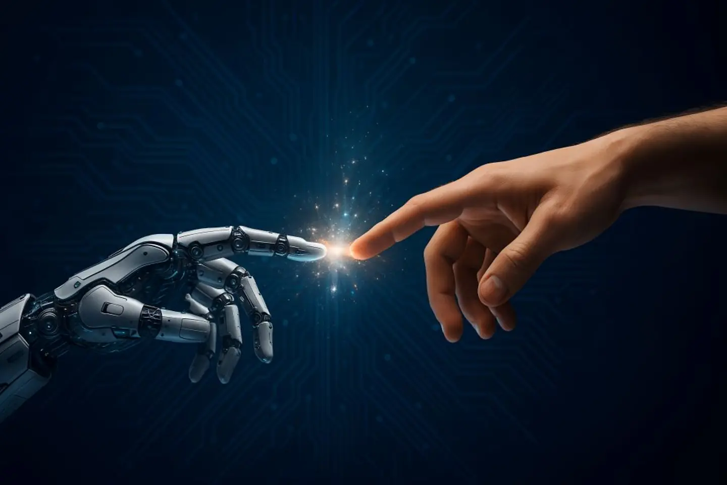 AI-generated image - Human Hand and Robotic Hand Connecting with Sparks of Innovation