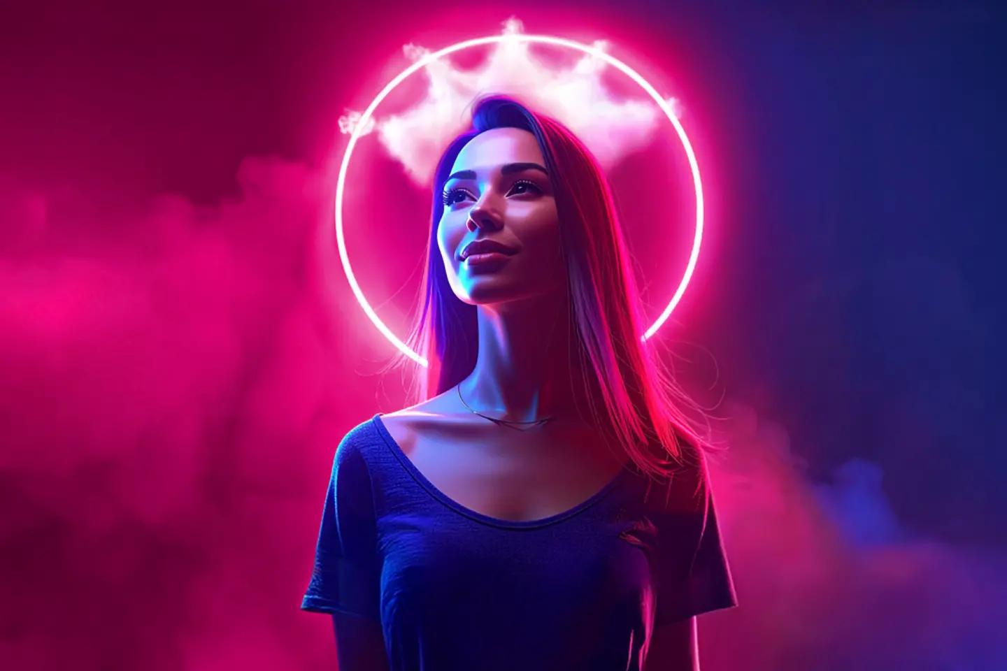 Imagen generada por IA - Mujer joven con una corona magenta de nubes, imagen generada por IA
