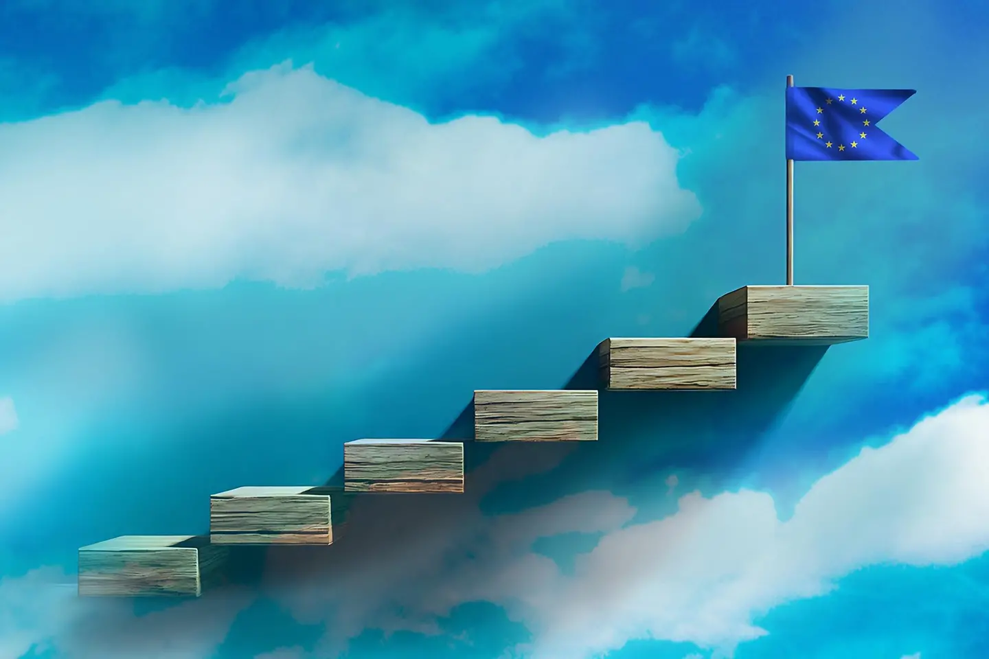 Escalones de madera que conducen al éxito, meta, bandera europea, logro, concepto de progreso