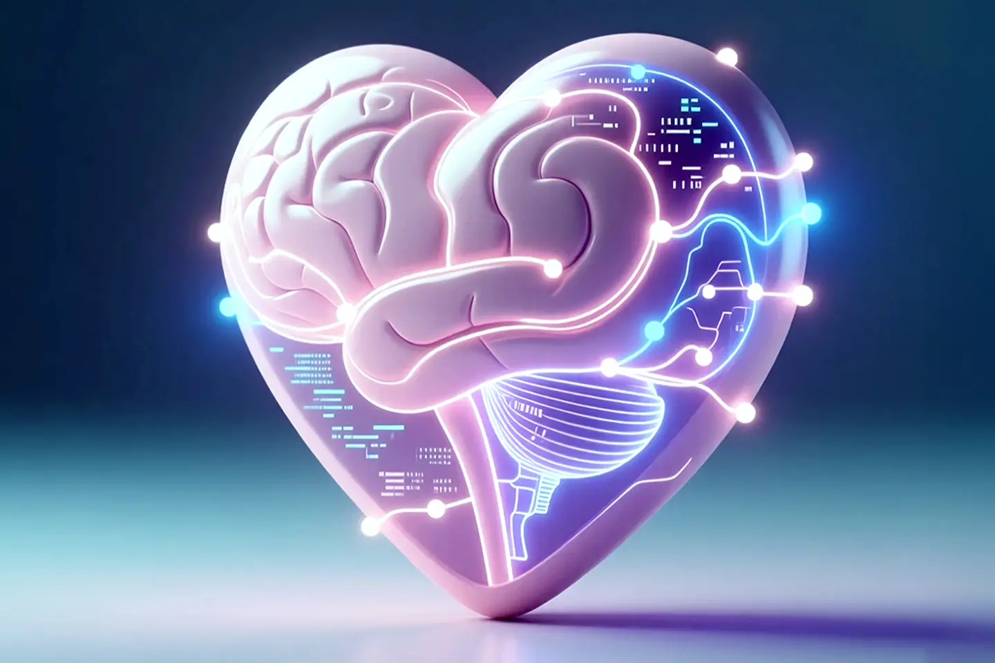 Ein leuchtendes neuronales Gehirn in einem digitalen Herzen als abstrakte Visualisierung von KI und emotionaler Verarbeitung 