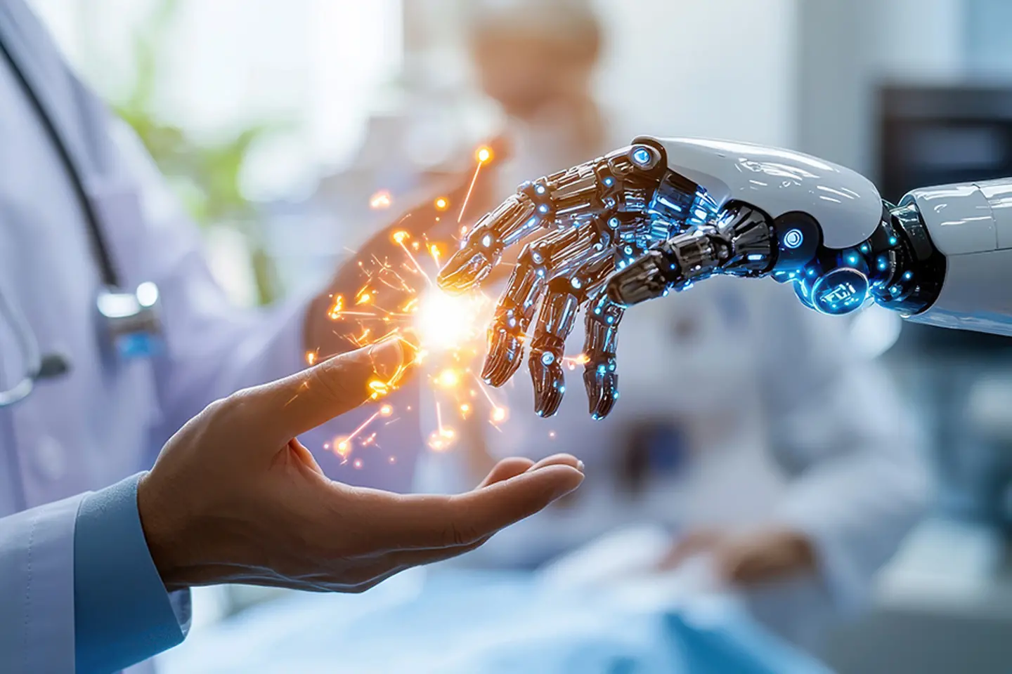 Image générée par lIA - Interaction entre médecin et main de robot, image générée par l’IA
