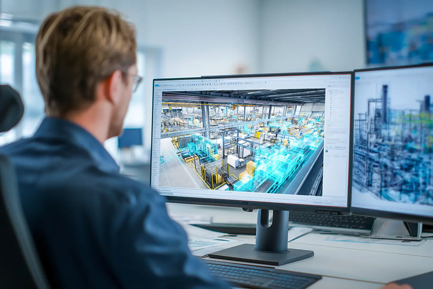 Ingenieur überwacht Produktion auf einem Bildschirm