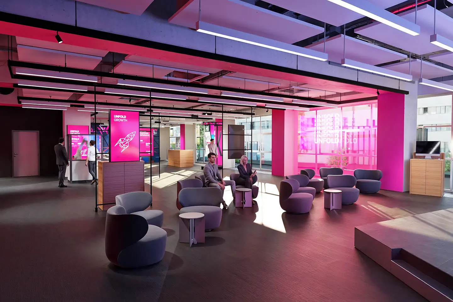 Innovation Center Munich with visitors, screens, chairs