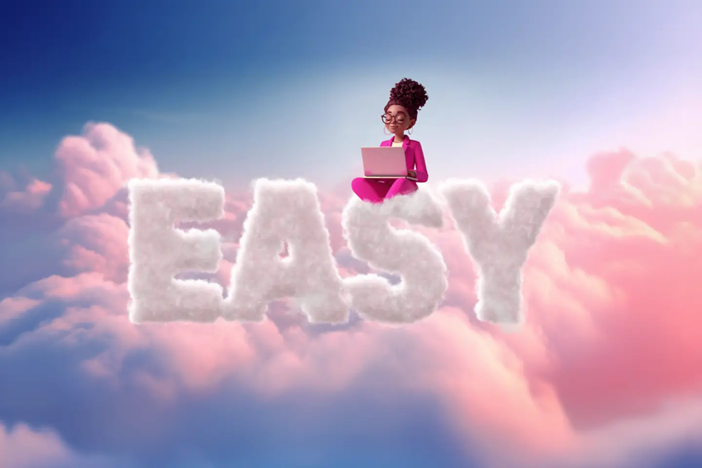 Imagen generada por IA - Mujer con traje color magenta y laptop, sentada en las nubes, texto «Easy», imagen generada por IA