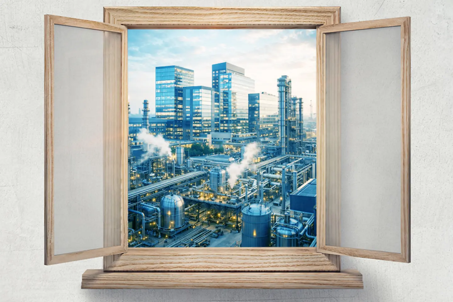 Open vintage window and industry landscape view outside