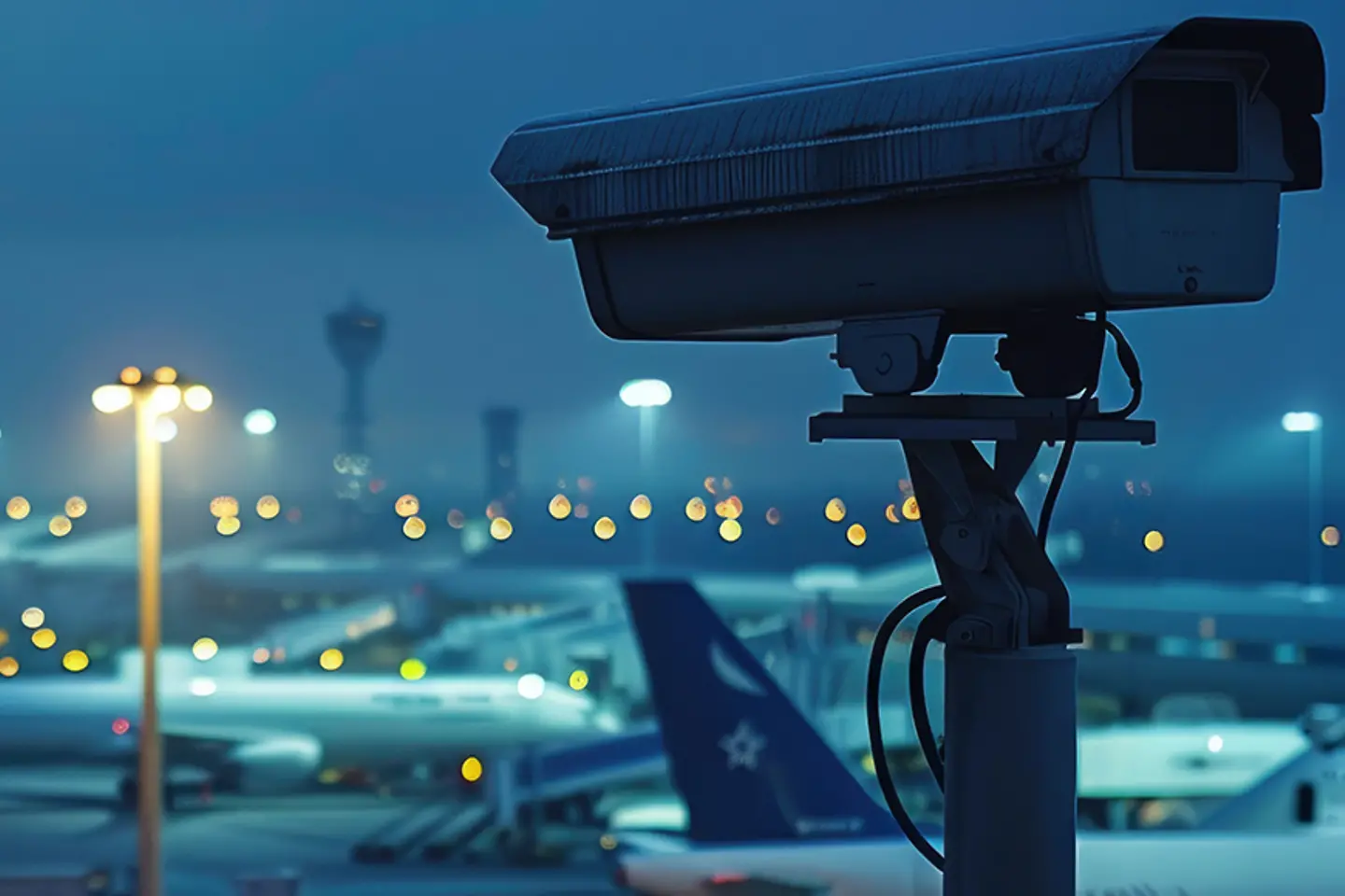KI-generiertes Bild - Überwachungskamera, die das Luftfrachtterminal mit einem Flugzeug in der Ferne zeigt