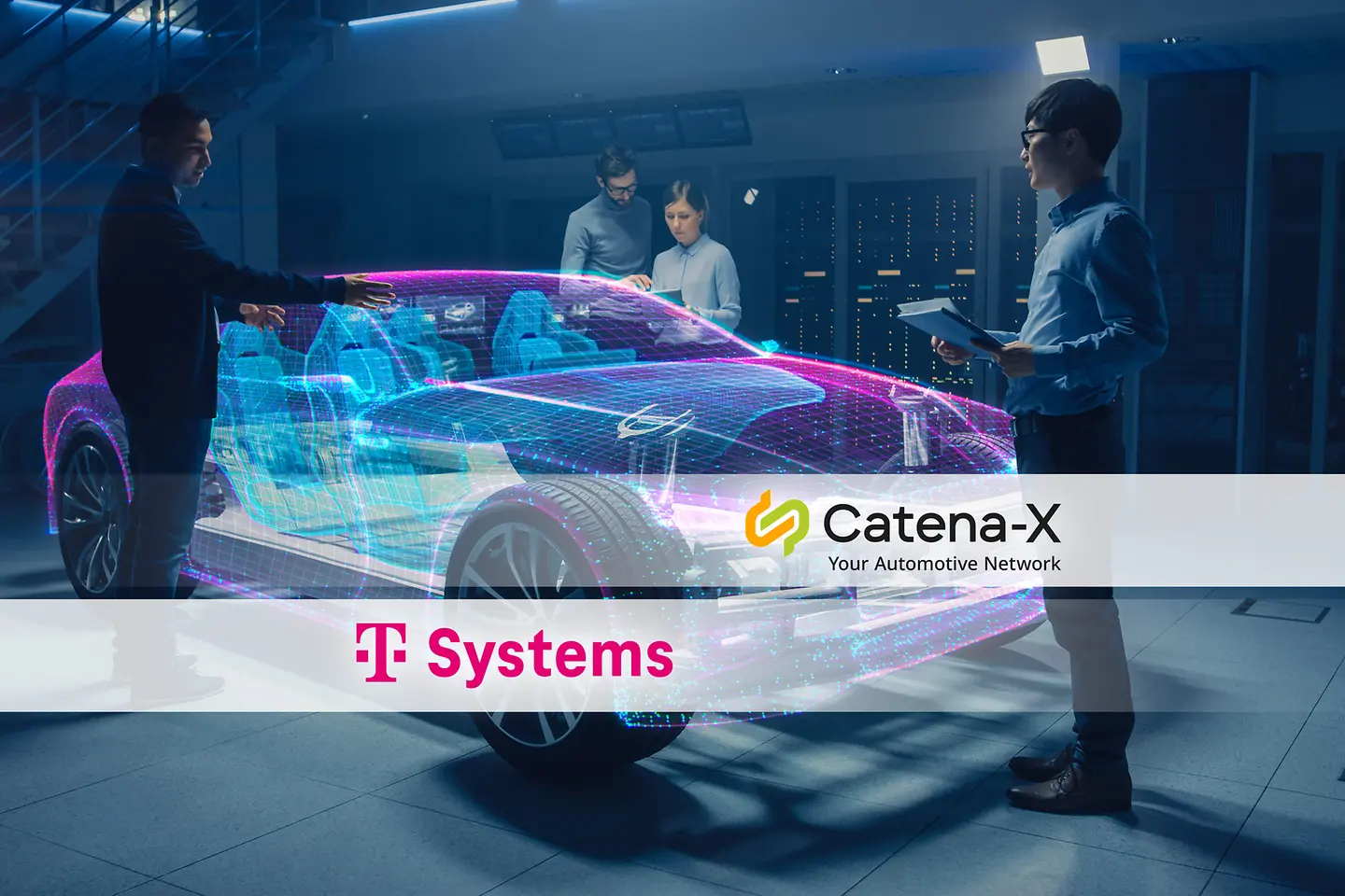 Engineers look at a digital model of a car.