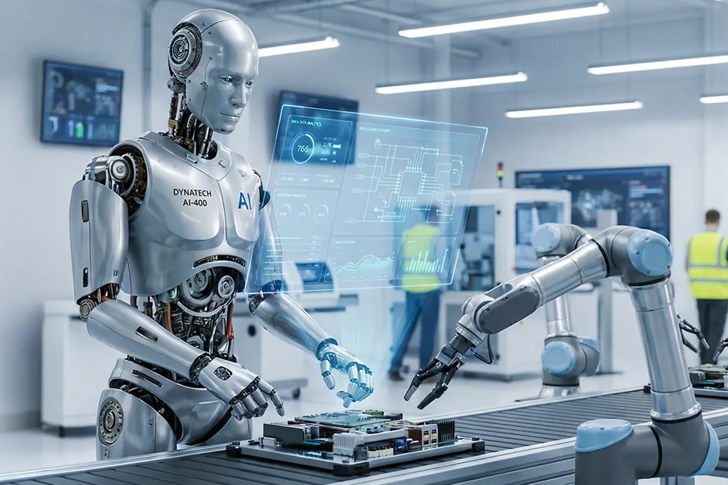 AI-generated image - Humanoid robot and robotic arms efficiently operate on a futuristic production line