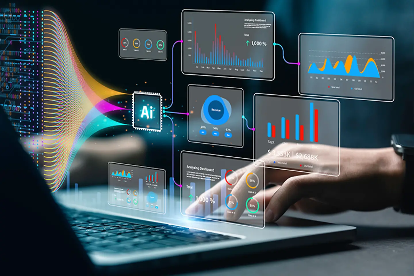 Analyst or Scientist uses a computer and dashboard for analysis of information on complex data sets on computer. 
