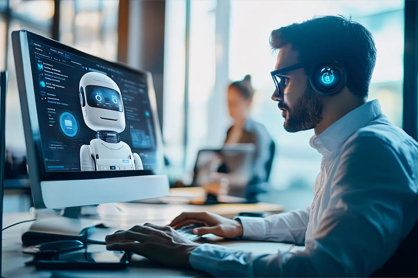 KI-generiertes Bild - Verwaltungsmitarbeiter mit einem KI-Chatbot