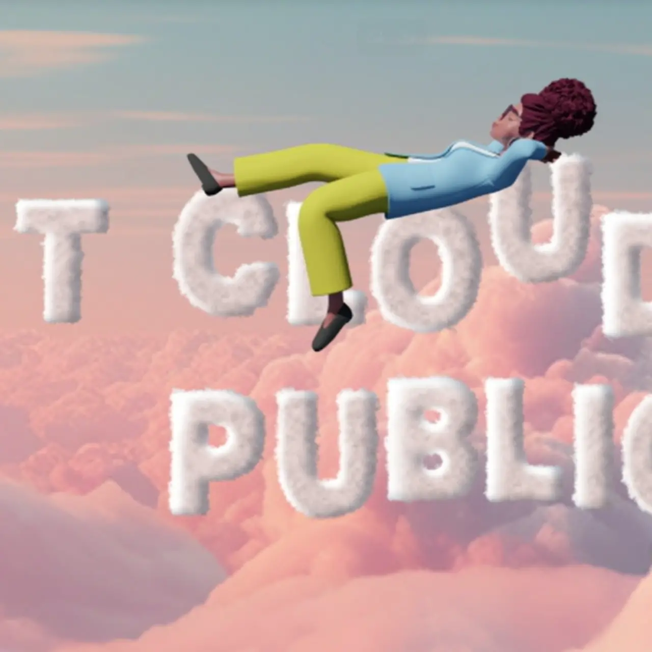 AI-generated image - Cartoon woman laying on clouds reading as "T Cloud Public"