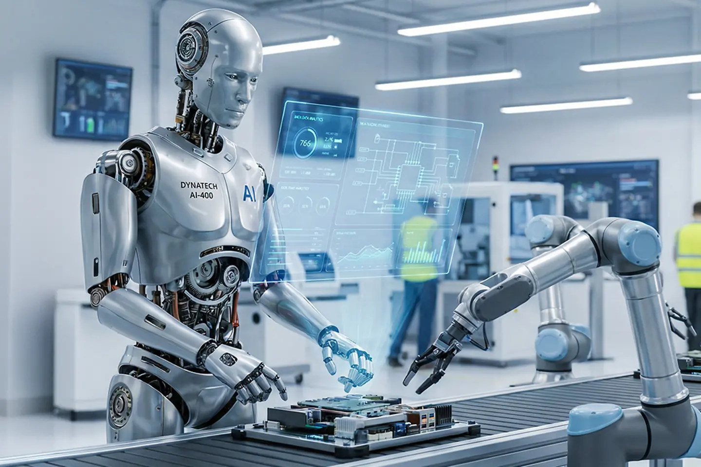 KI-generiertes Bild - Humanoide Roboter und Roboterarme arbeiten effizient an einer futuristischen Fertigungslinie