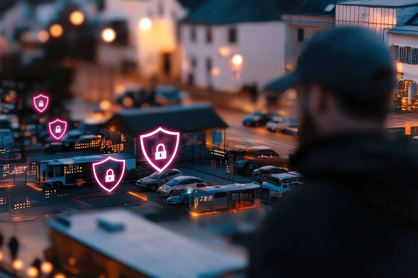 A person observes a cityscape adorned with colorful security icons at dusk