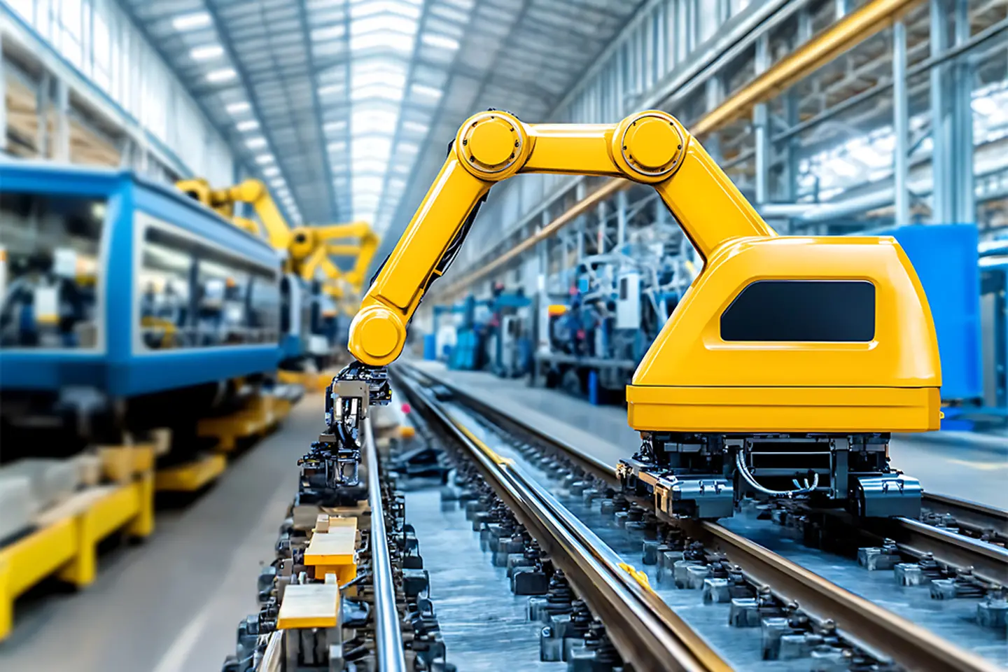 Yellow Robotic Arm on Train Tracks in Factory 