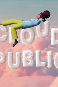 KI-generiertes Bild - Cartoon-Frau liegt auf Wolken-Schriftzug "T Cloud Public"