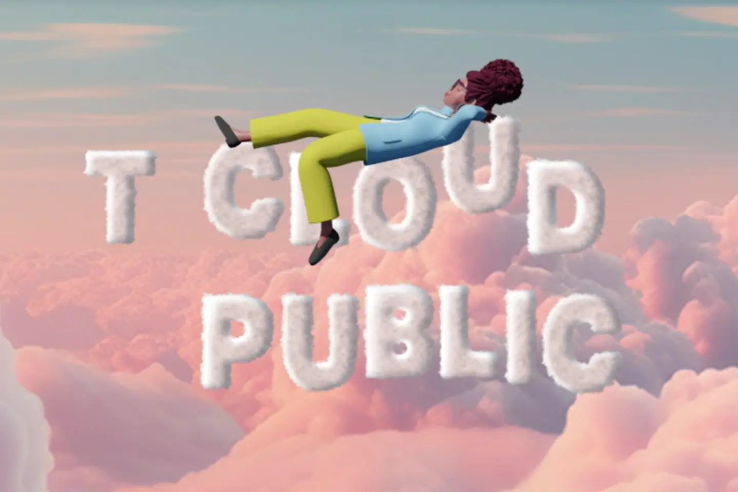 Imagen generada por IA - Cartoon-Frau liegt auf Wolken-Schriftzug "T Cloud Public"