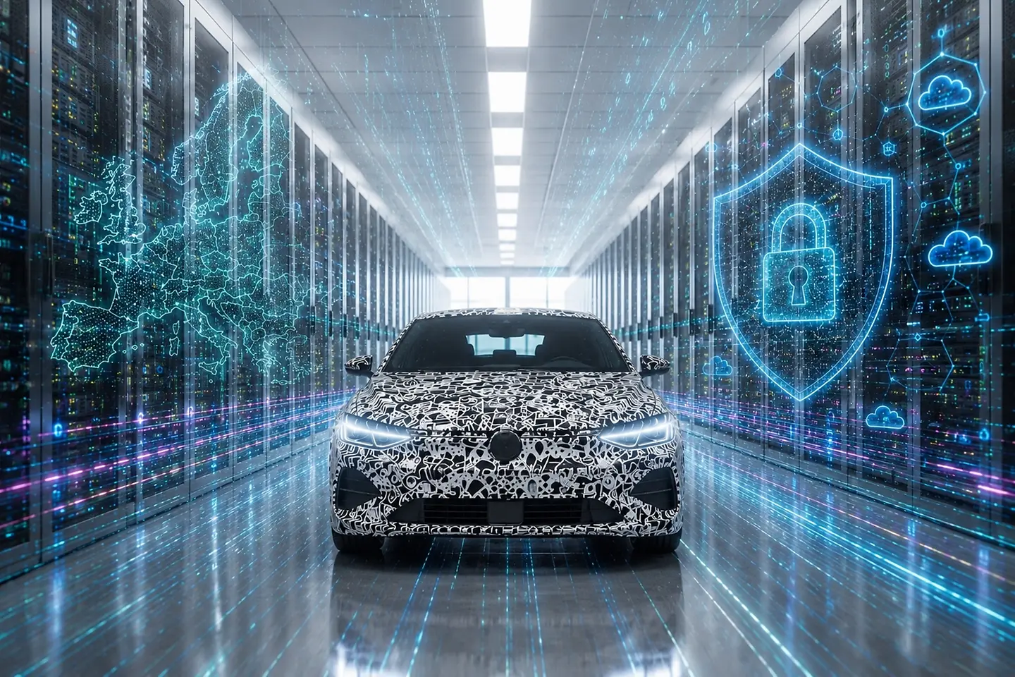 Door AI gegenereerde afbeelding - Digitale afbeelding van een Volkswagen met afbeeldingen van Europa, cloud- en cyberbeveiligingssymbolen