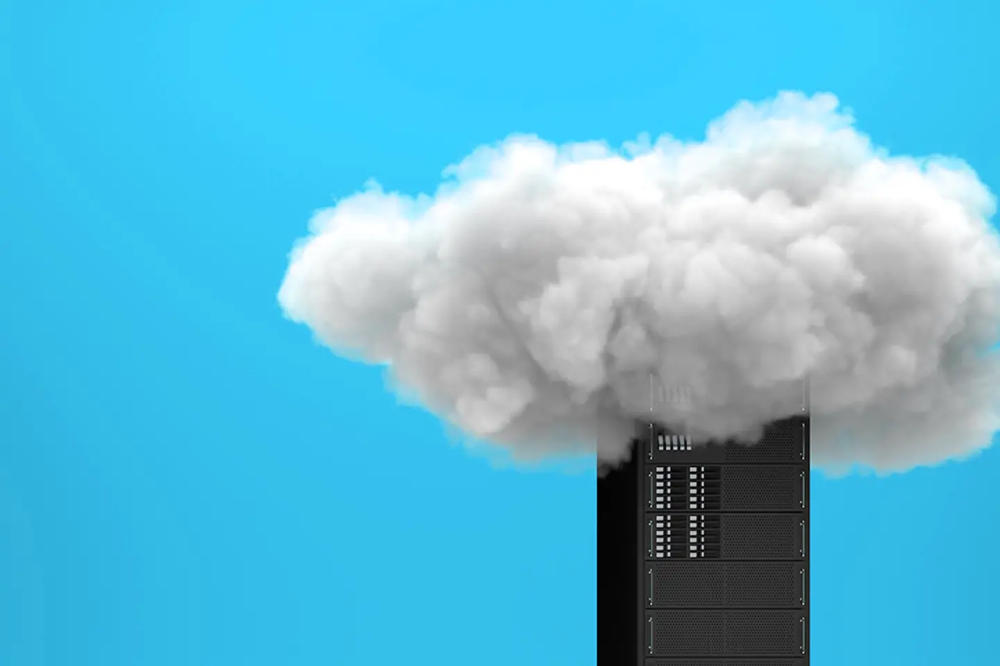 Servidor con tecnología de computación en la nube envuelto en la nube sobre fondo amarillo