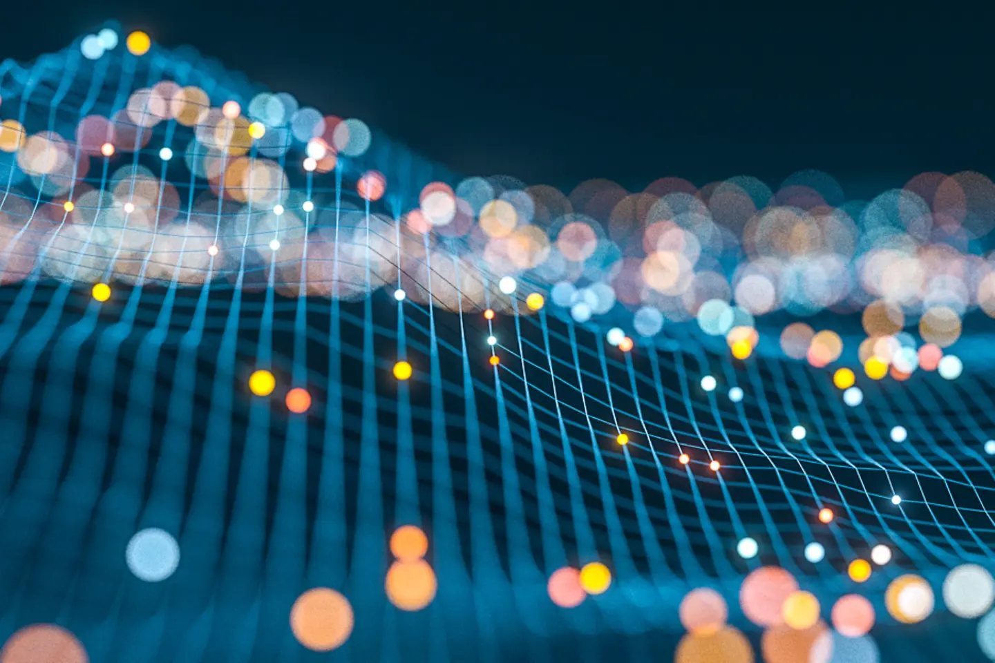 Blaue Netzstruktur einer topografischen Oberfläche mit bunten Lichtpunkten