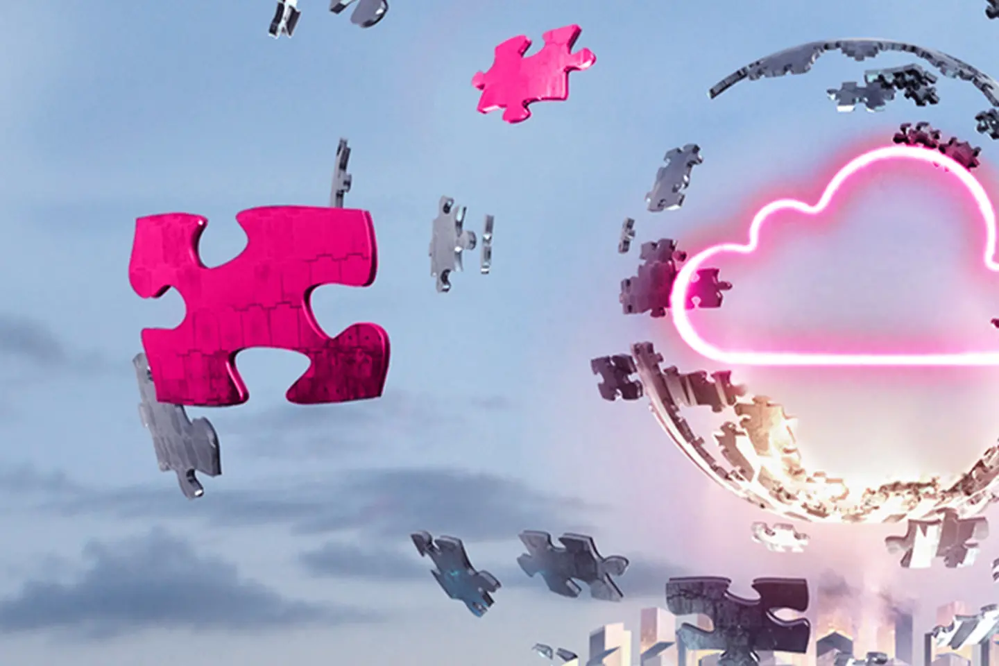 uzzle pieces fly around a digital cloud