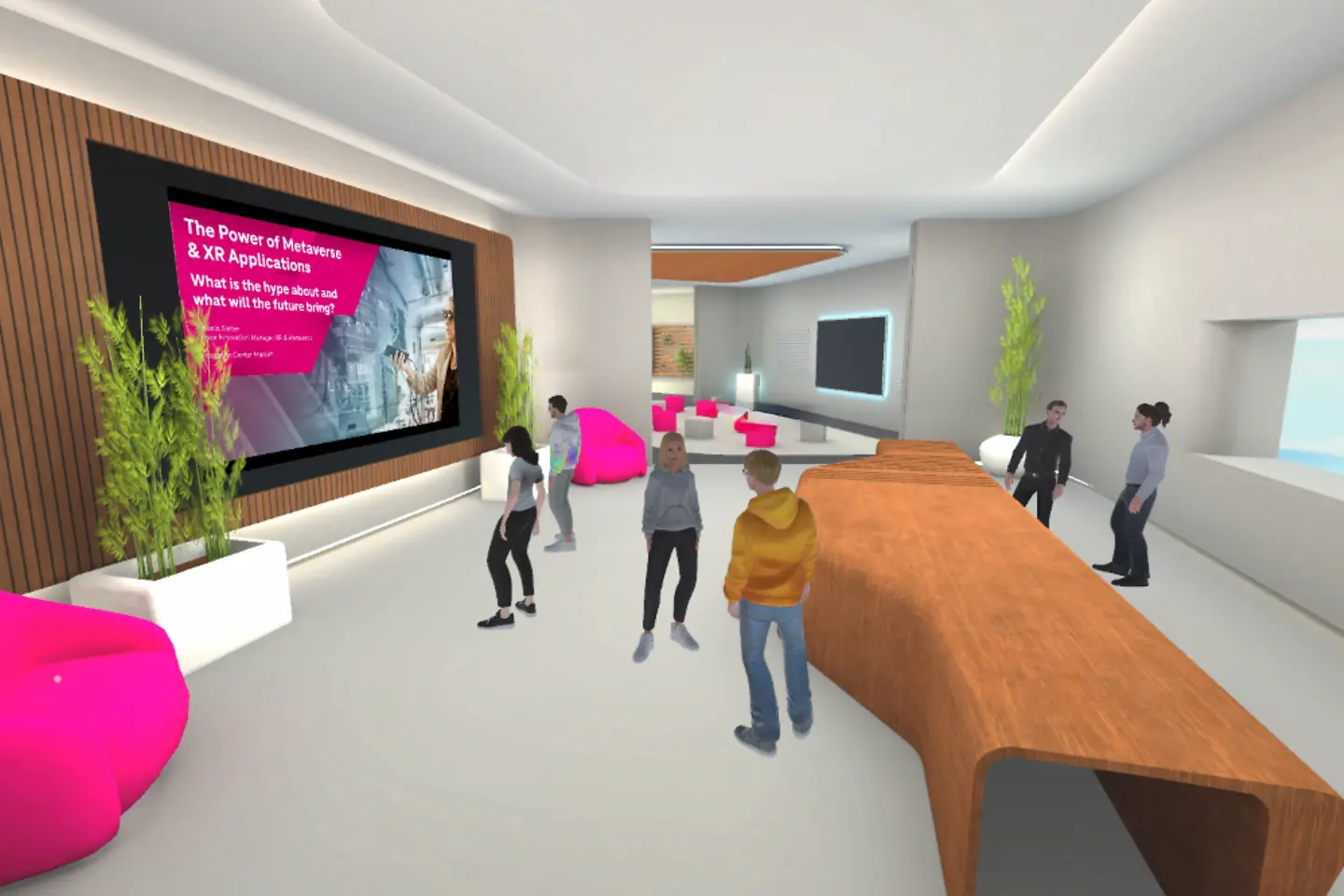 Virtual representation of a meeting room with several avatars