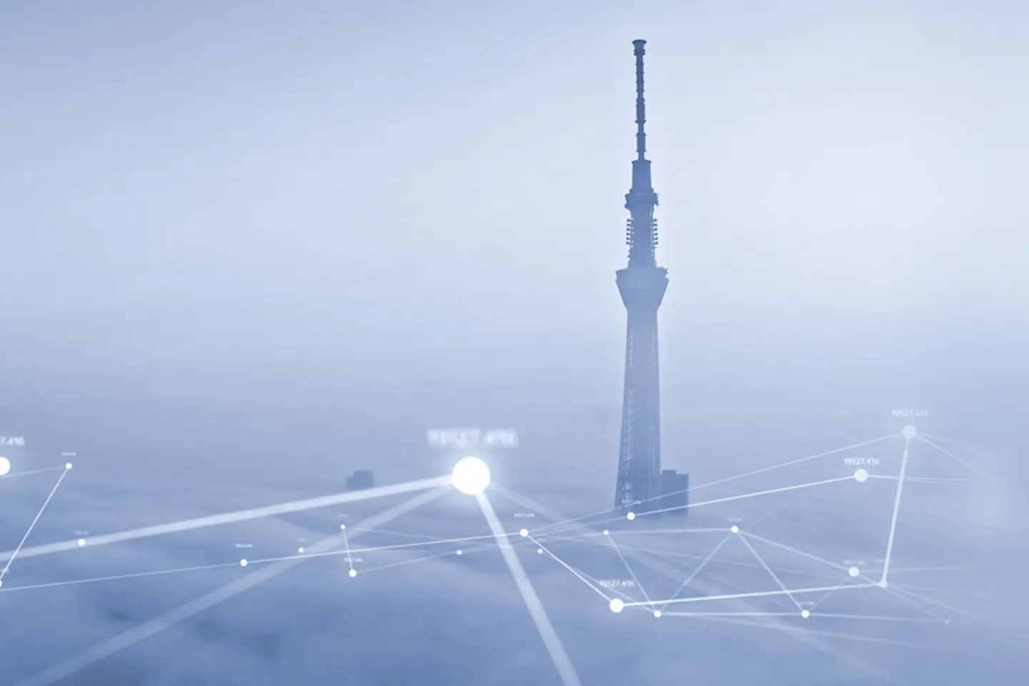 Tokyo tower in the clouds with network connections