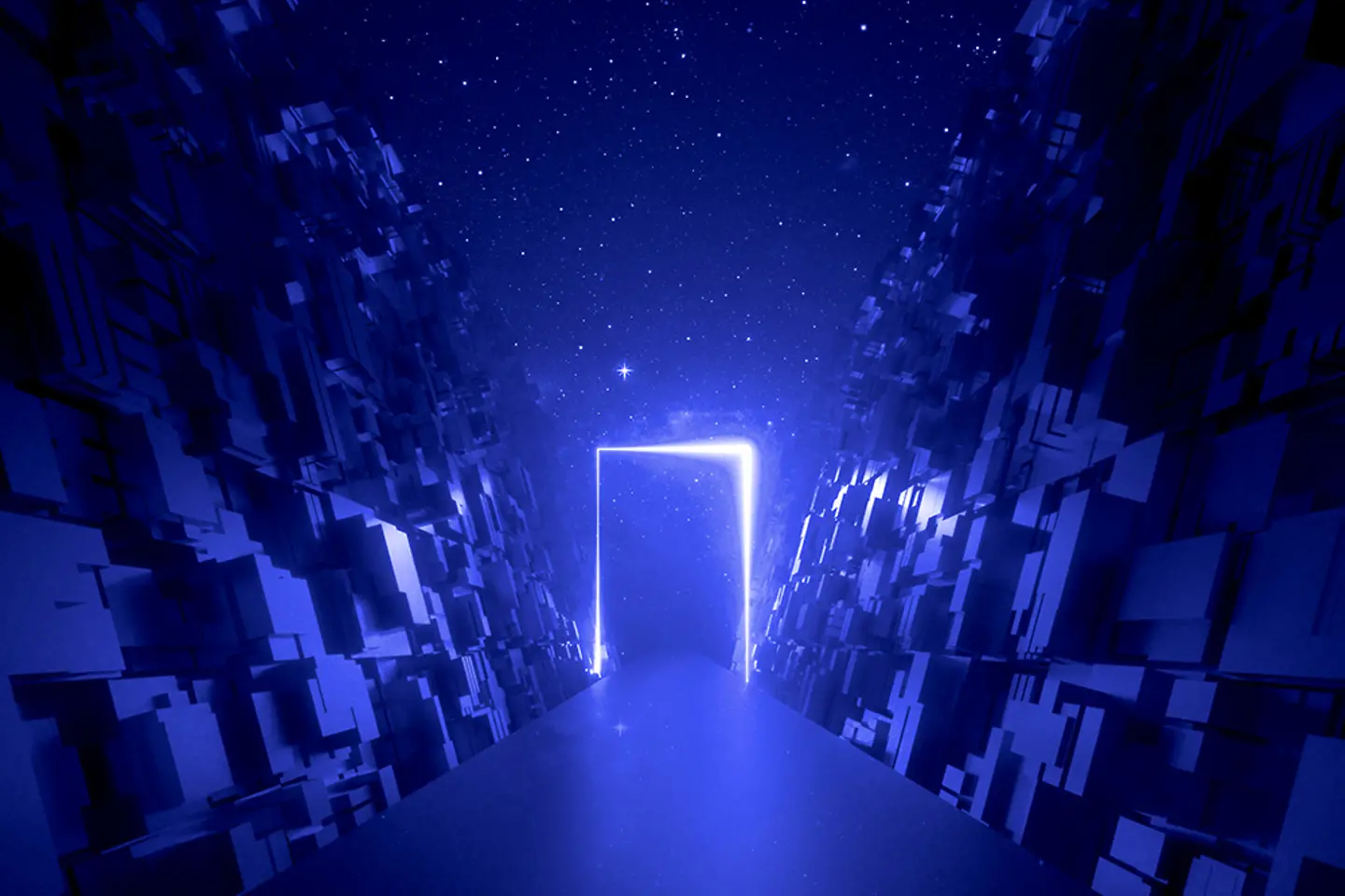 Glowing door in cyber space, road between walls of blocks under the night sky