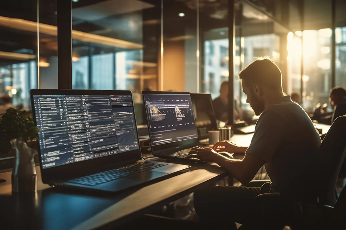 Team of software developers coding, collaborating, and testing applications in a modern development environment
