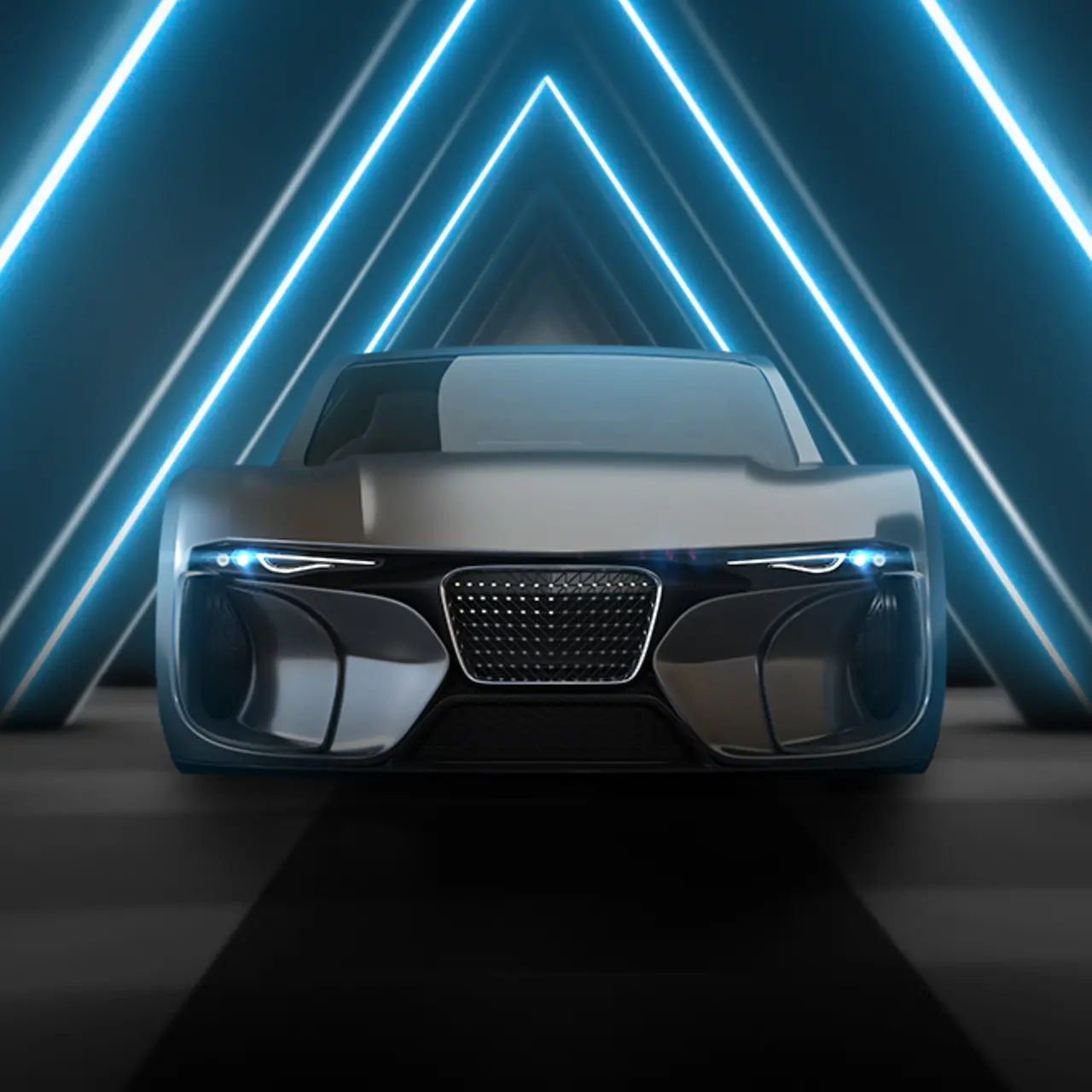 Opname van een futuristische auto die op een straat met wolkenkrabbers op de achtergrond rijdt