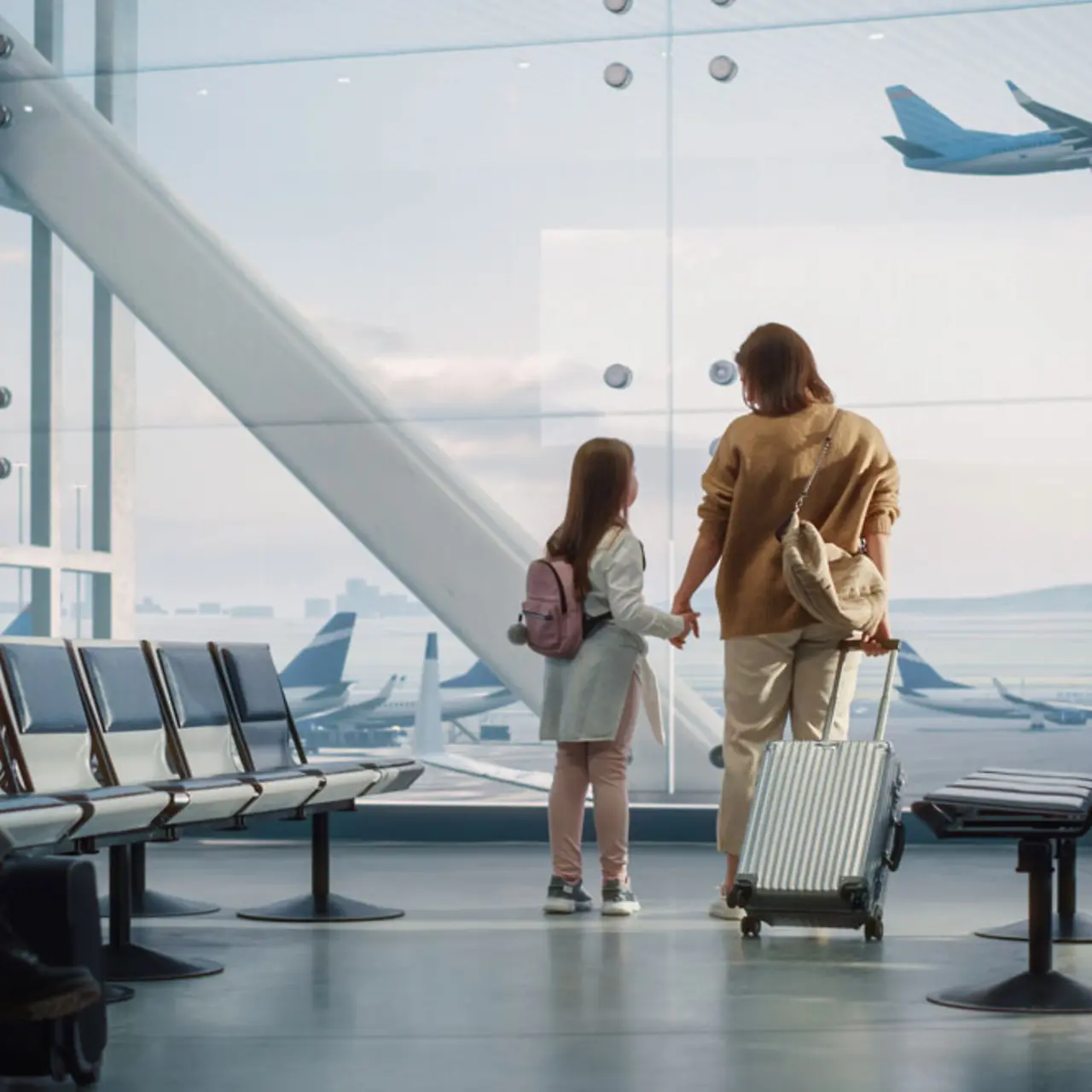 Mother and daughter wait for their flight, looking out of window for arriving and departing airplanes