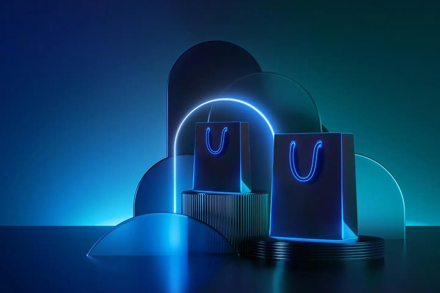 Abstracte 3D boodschappentas tegen een blauwe achtergrond